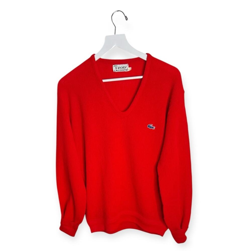 Lacoste Izod 1980s Vintage V-Neck Long-Sleeve Bright Red Sweater M-318 Sz L